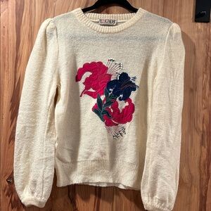 Vintage Escada Cream Sweater with Red and Blue Floral Design made in Germany